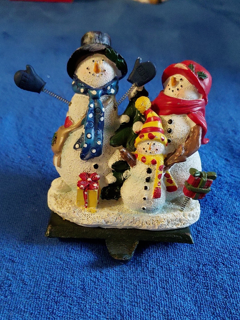 Vintage Snowman Family Figurine. Cast Iron Base/ Hook To Hang Stockings From